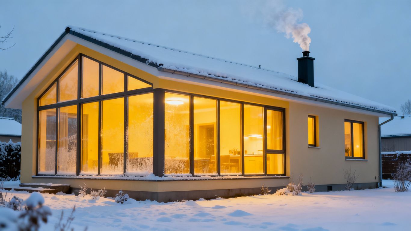 Modern home with bright windows on a snowy evening