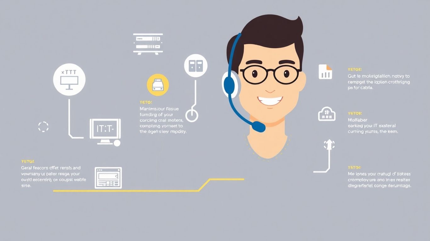 IT support technician with headset and computer icons.