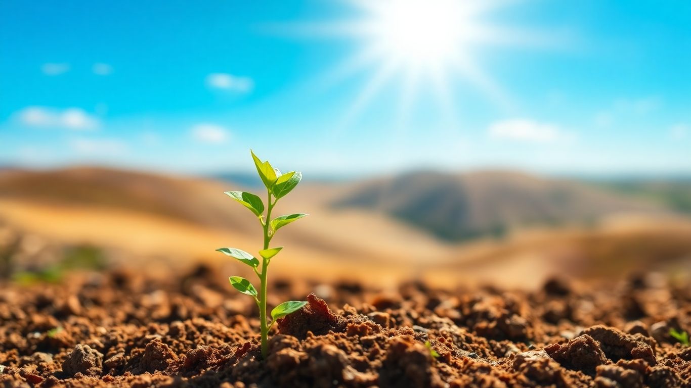 Green sapling growing towards a bright sky.