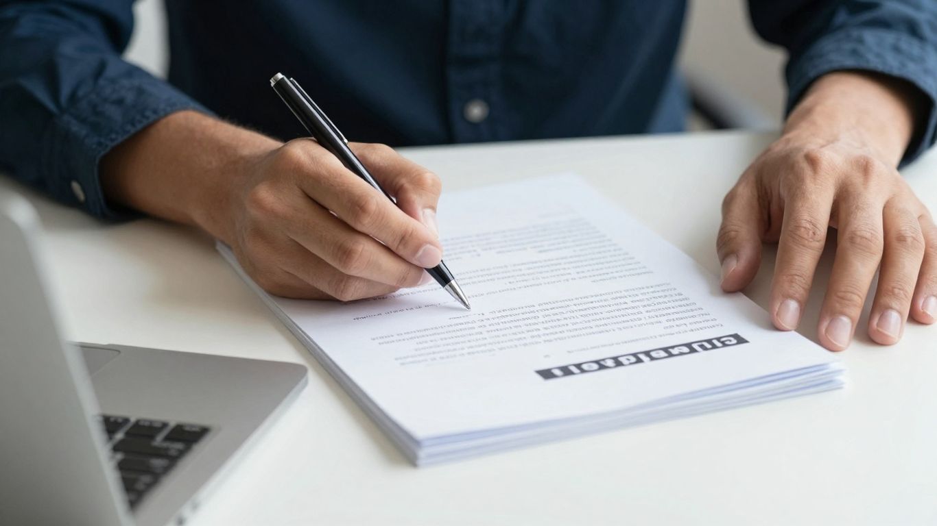 Person filing insurance claim document with a pen.
