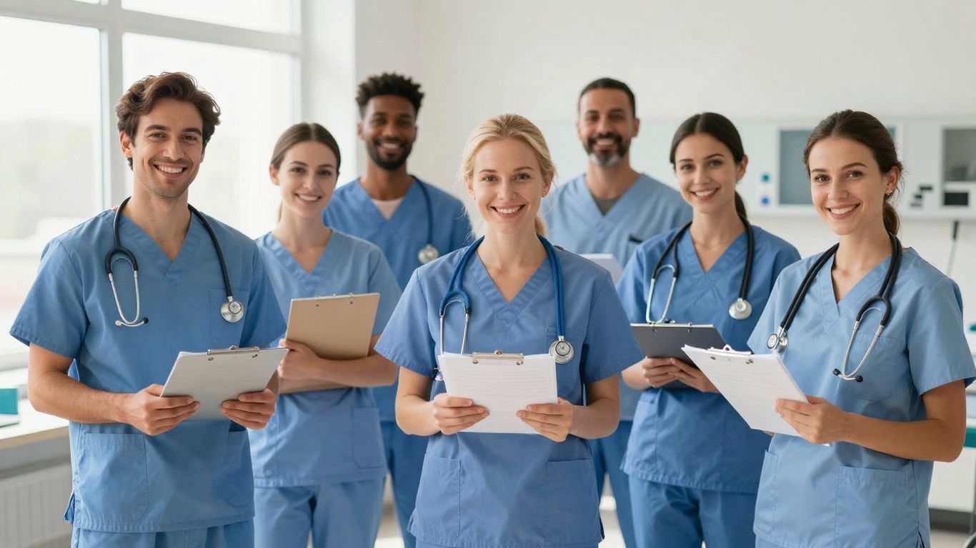 Medical students learning in a bright, modern training facility.