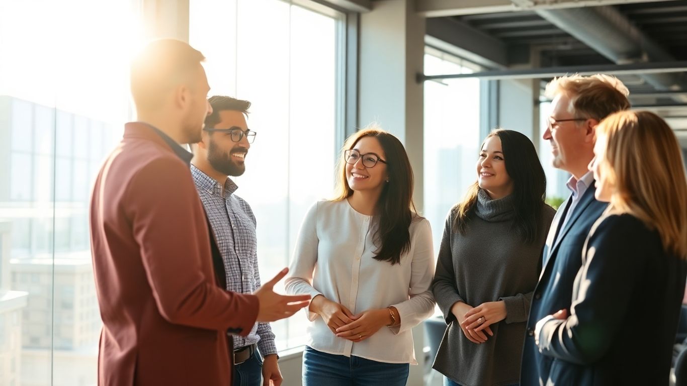 People discussing issues in a bright, modern office.