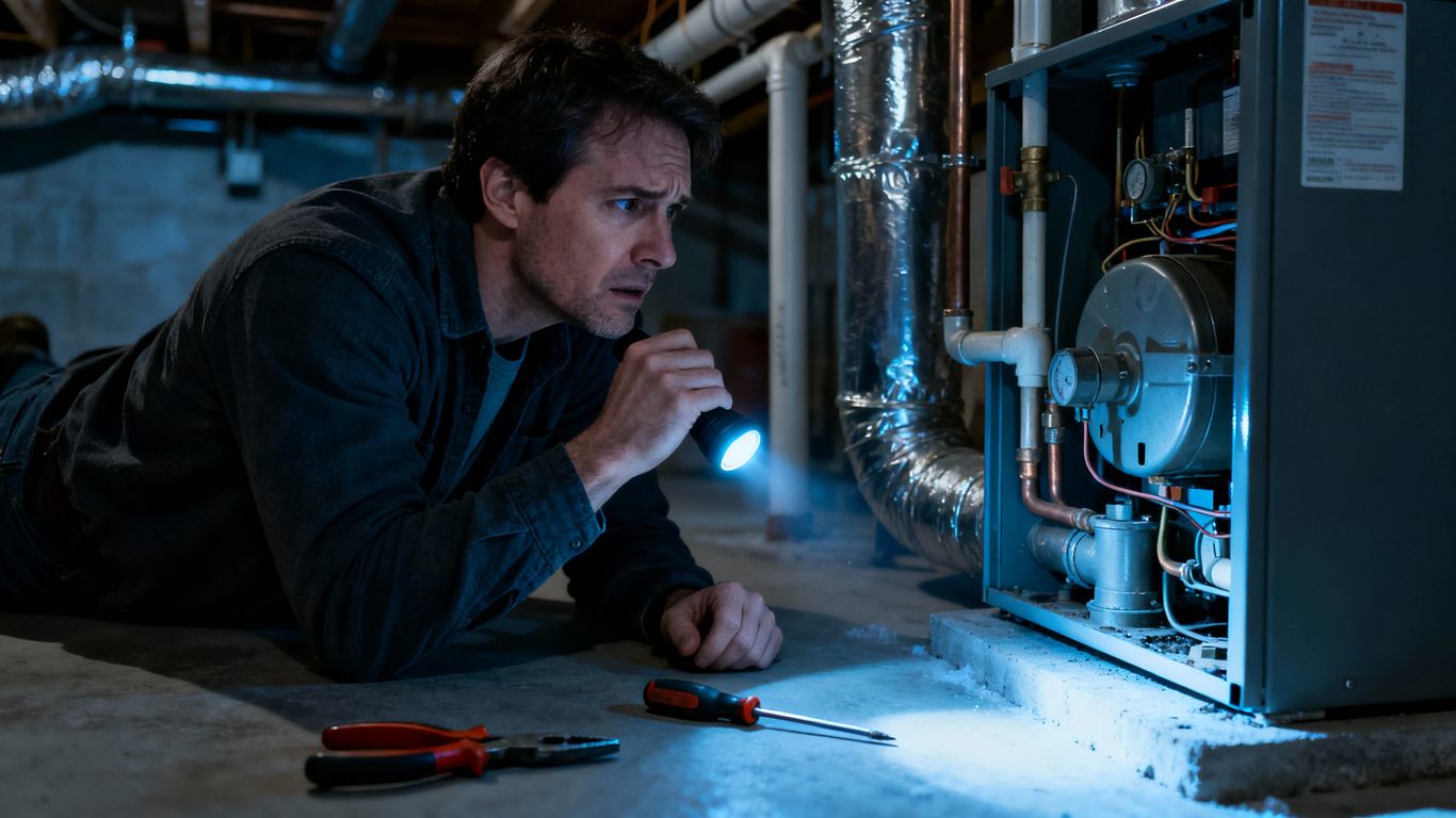 Homeowner troubleshooting furnace with tools in basement.