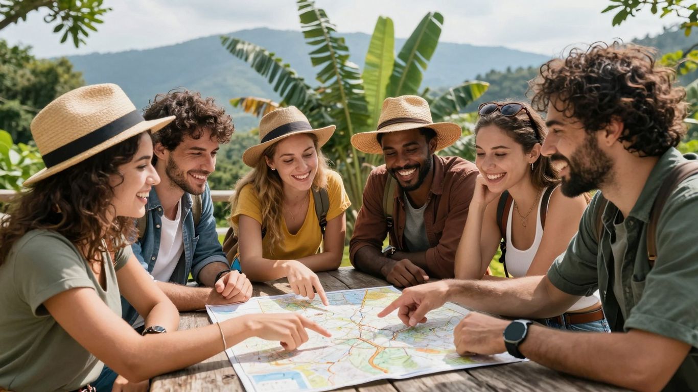 Ludzie planujący podróż z mapą i uśmiechami.