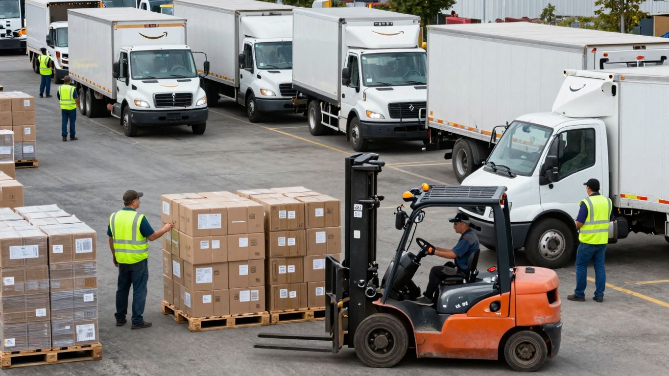 Amazon shipping dock with trucks and forklifts.