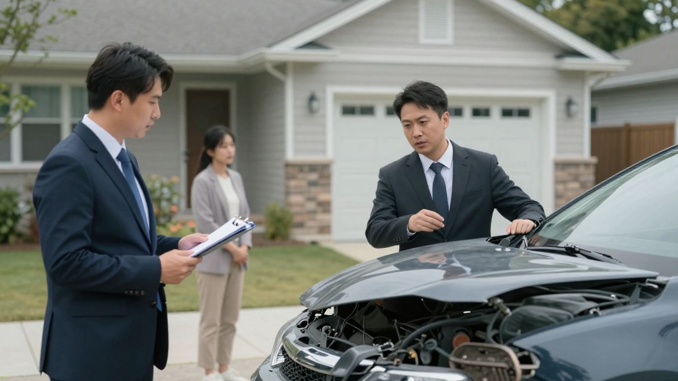 Insurance adjuster assessing a damaged car and speaking with homeowner.