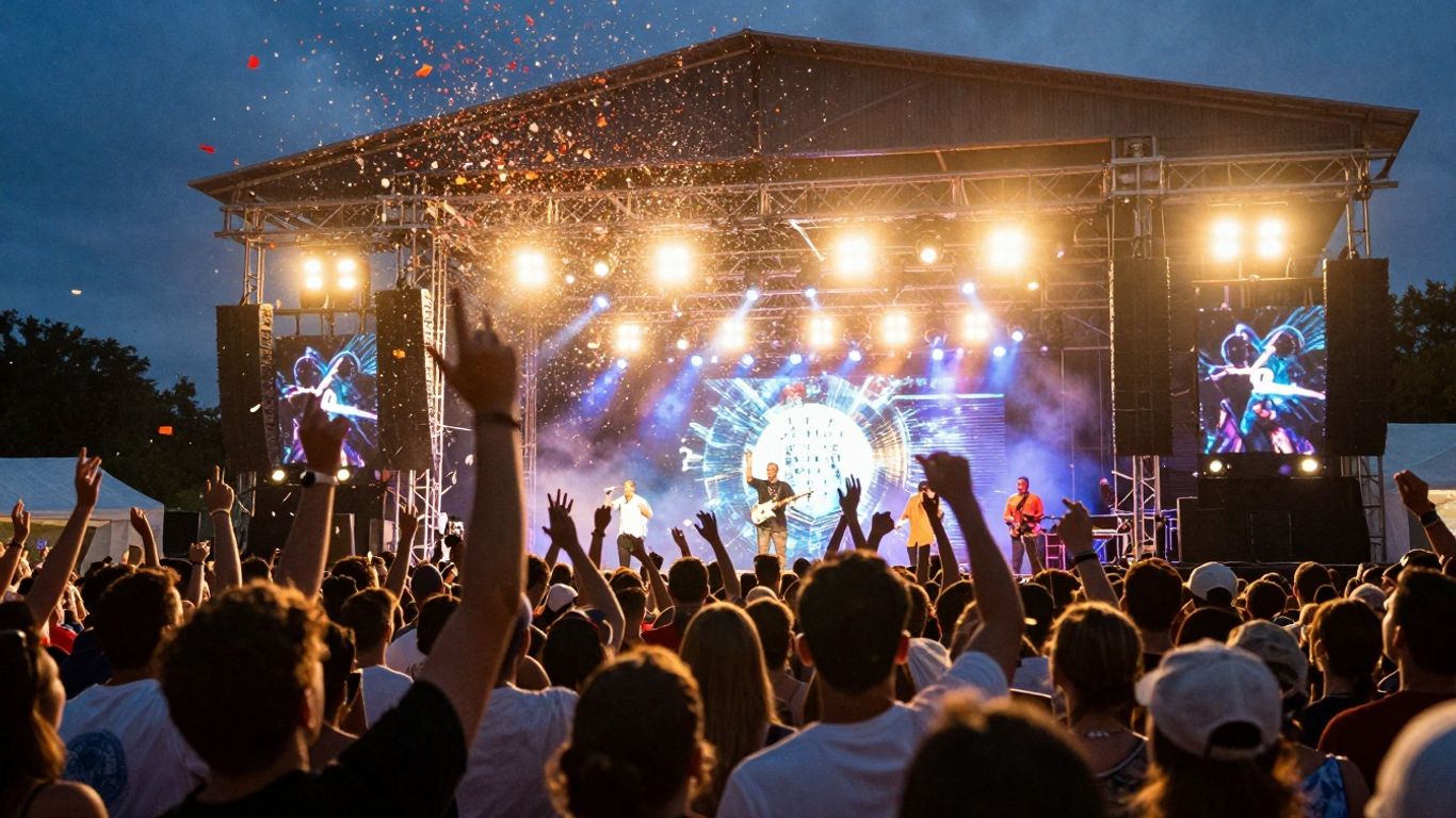 Feestelijke menigte met confetti en podiumlichten op 7 juli.