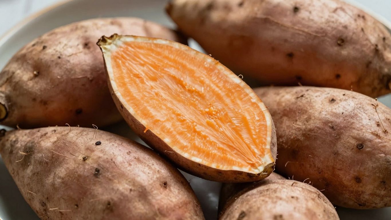 Biologische zoete aardappelen, heel en doorgesneden