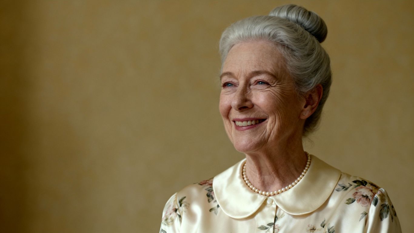 Patricia Routledge smiling in elegant attire
