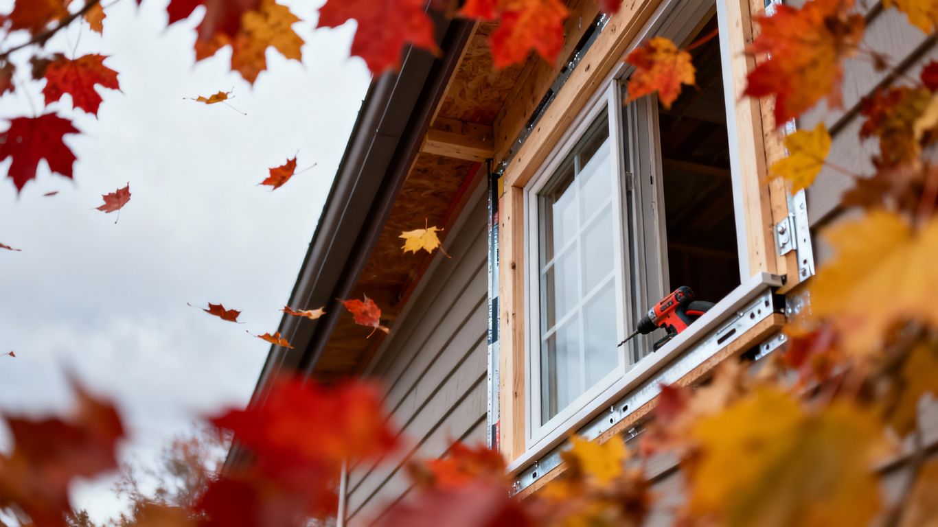 Window installation during autumn with falling leaves.