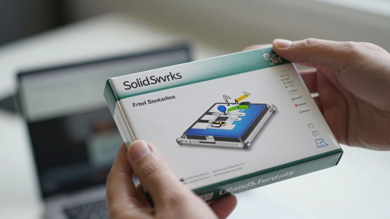 SolidWorks software box held by a hand.