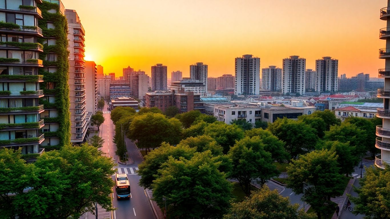 Sustainable city with green spaces and clean transport.