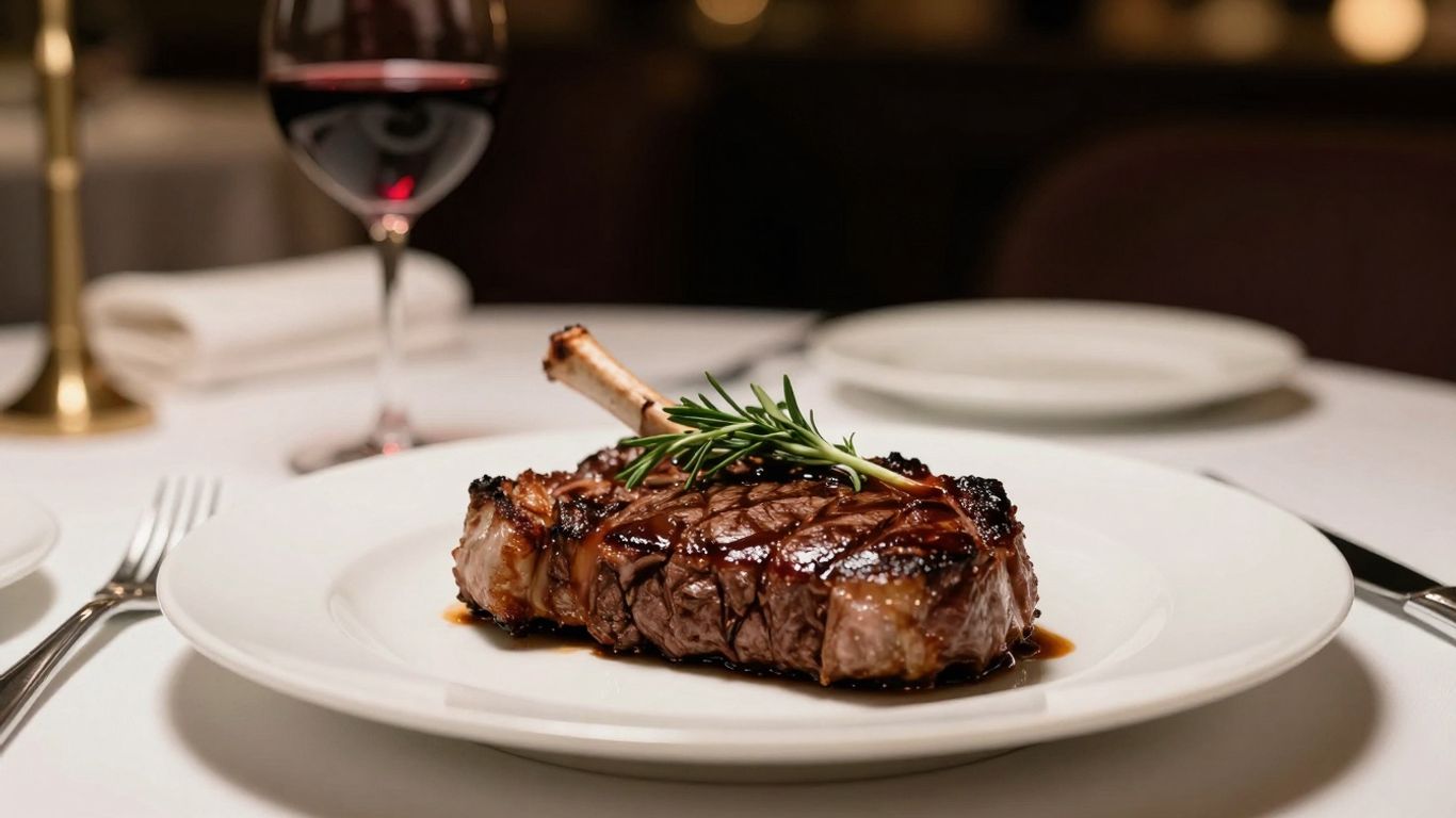 Elegant dining room with a ribeye steak and red wine.