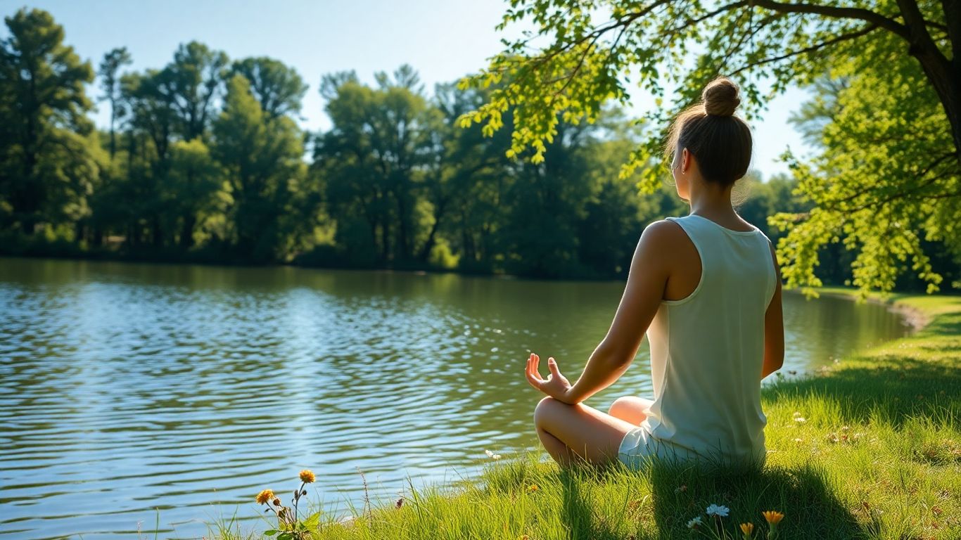 Person meditating outdoors by a calm lake.