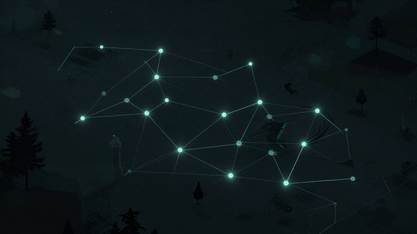 Digital network with glowing pathways and abstract game elements.