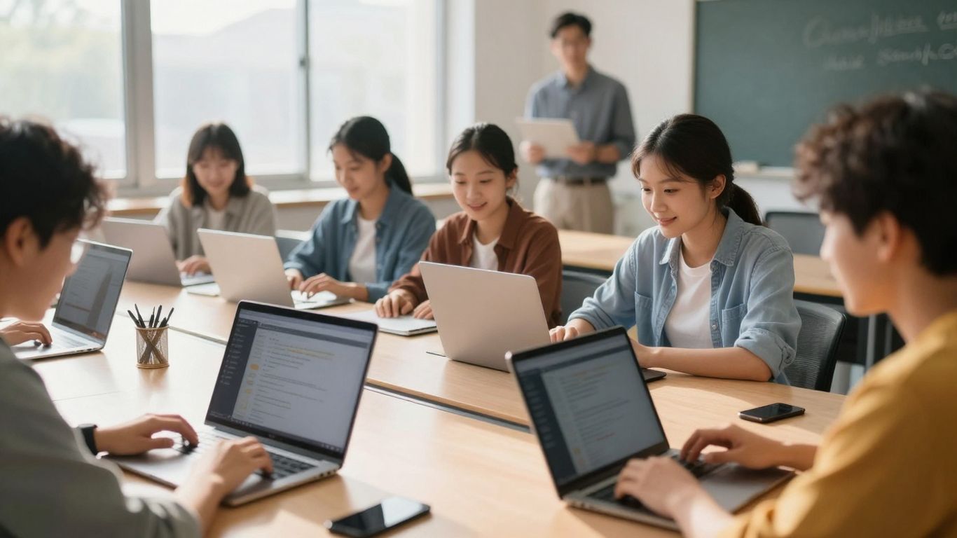 Elevi și profesori interacționând cu tehnologia digitală.