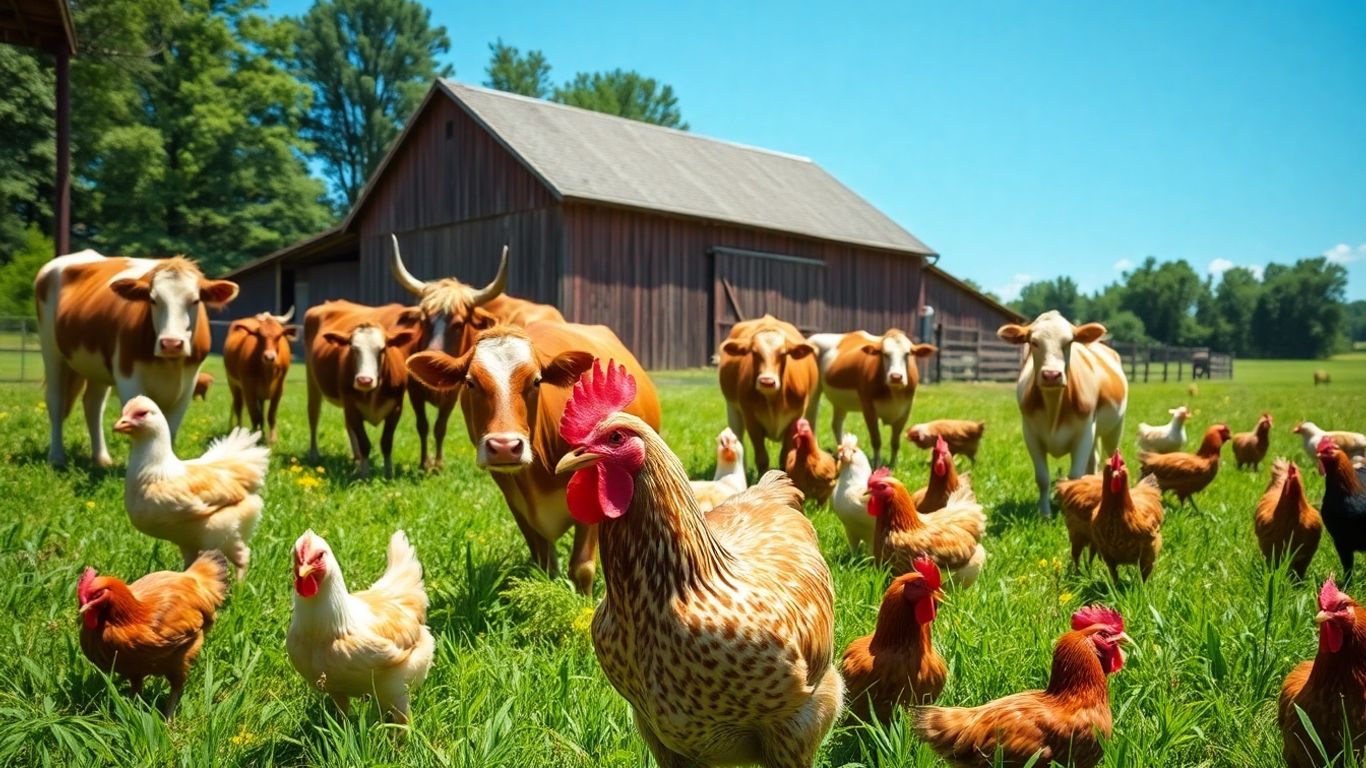 Farm animals grazing in a sunny pasture with a barn.
