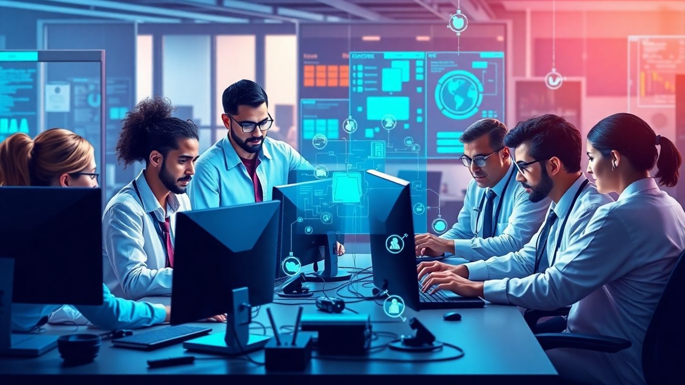 Diverse IT technicians collaborating in a futuristic tech workspace.