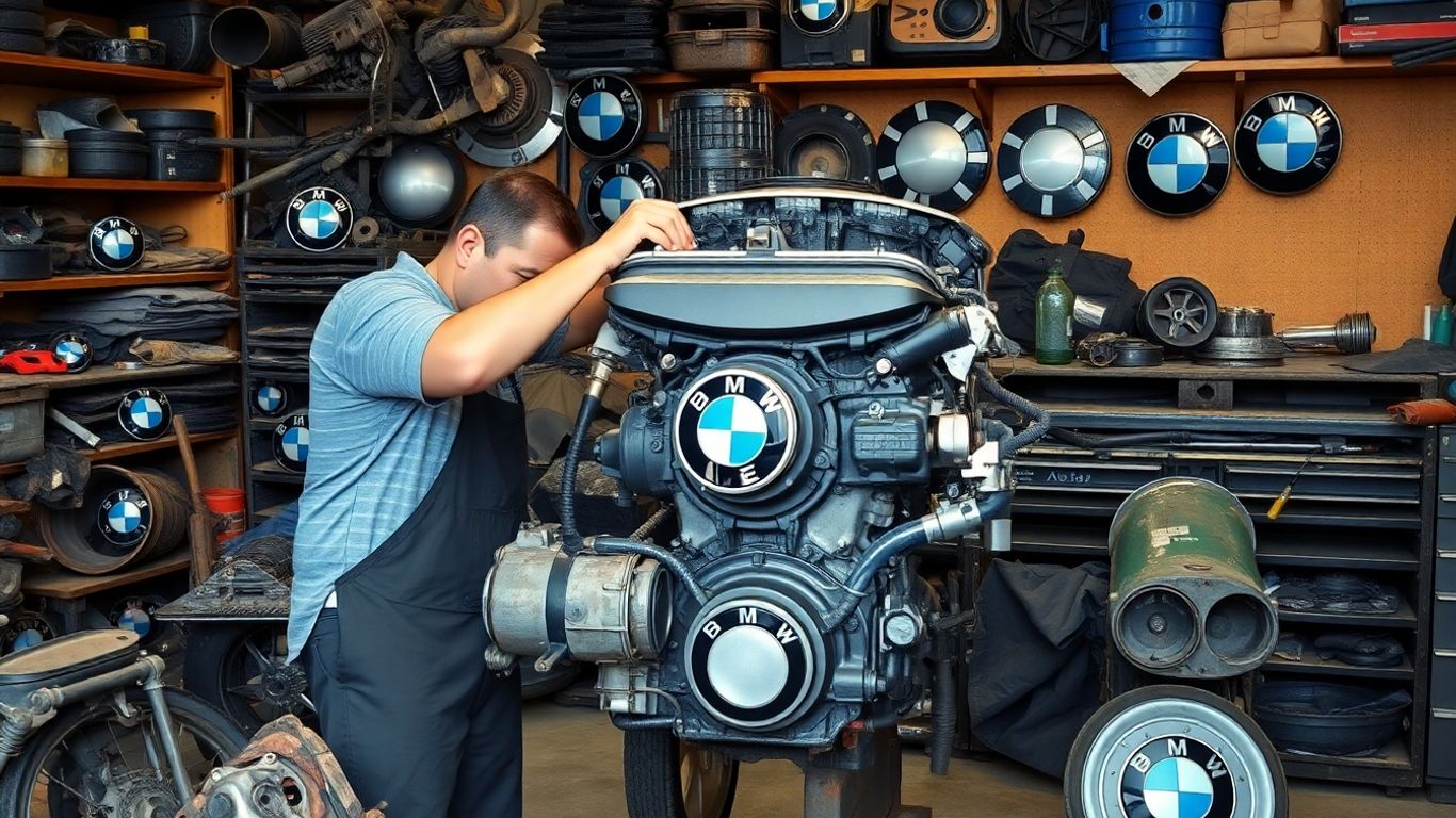 Mechanic working on BMW engine with parts