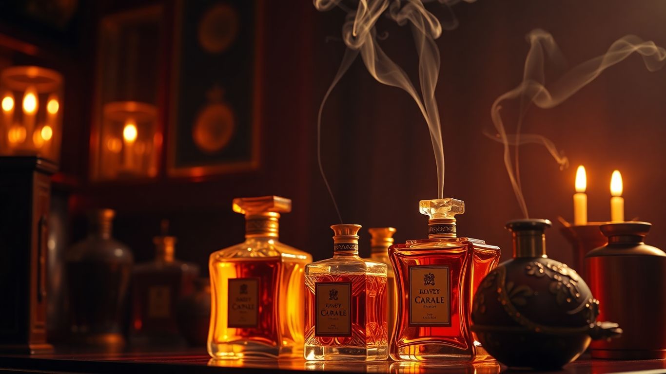 Perfume bottles with amber and gold tones, wisps of smoke.