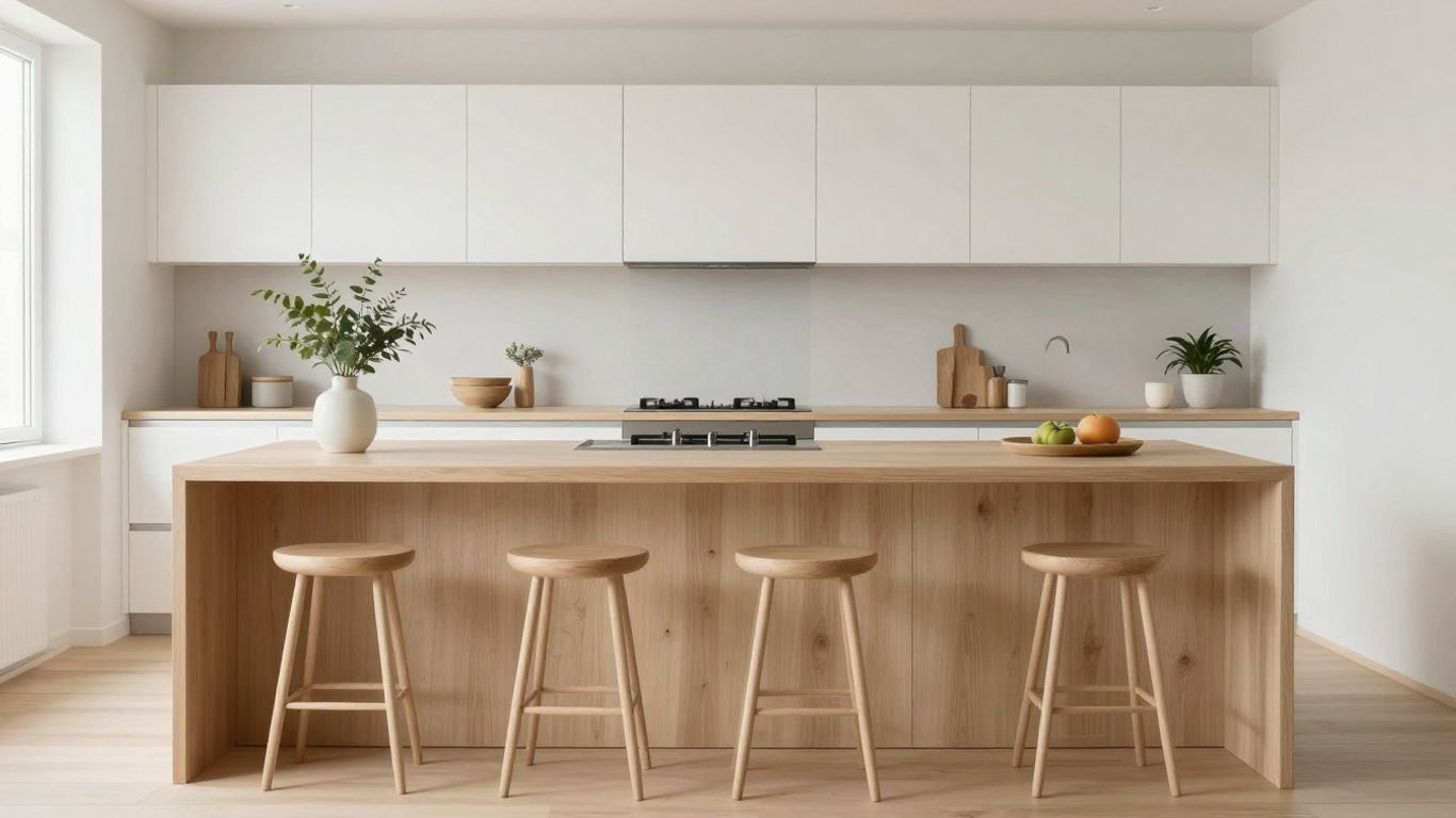 Minimalistische Japandi Küche mit Holzelementen und Pflanzen.