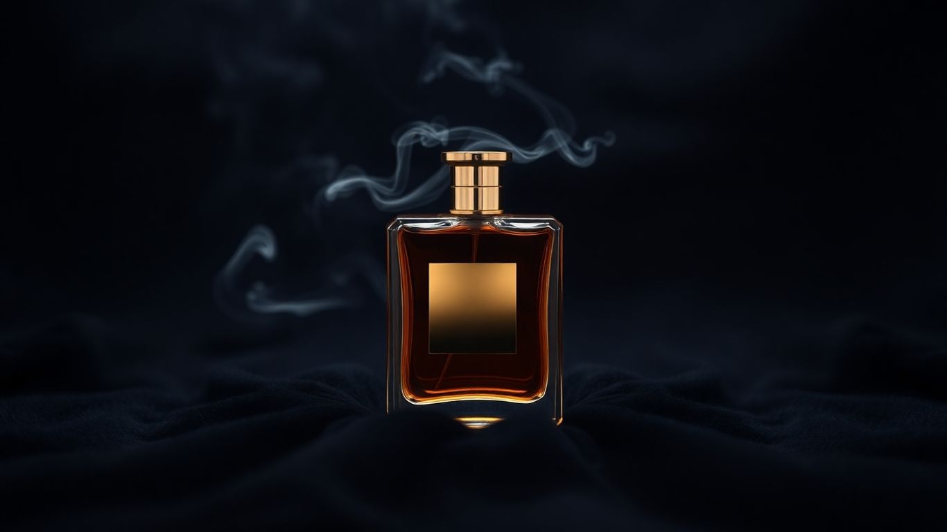 Luxurious perfume bottle with golden cap on dark velvet.