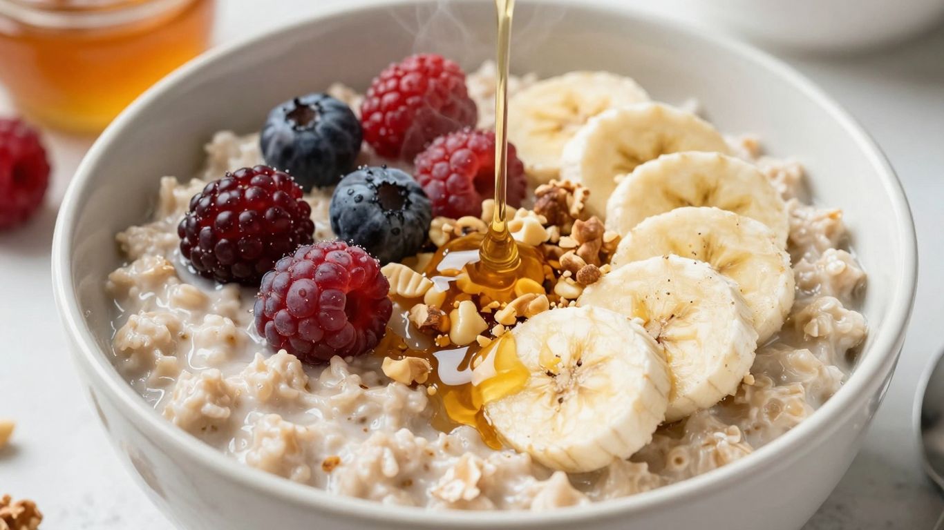Bowl of healthy oatmeal with fresh fruit and nuts.