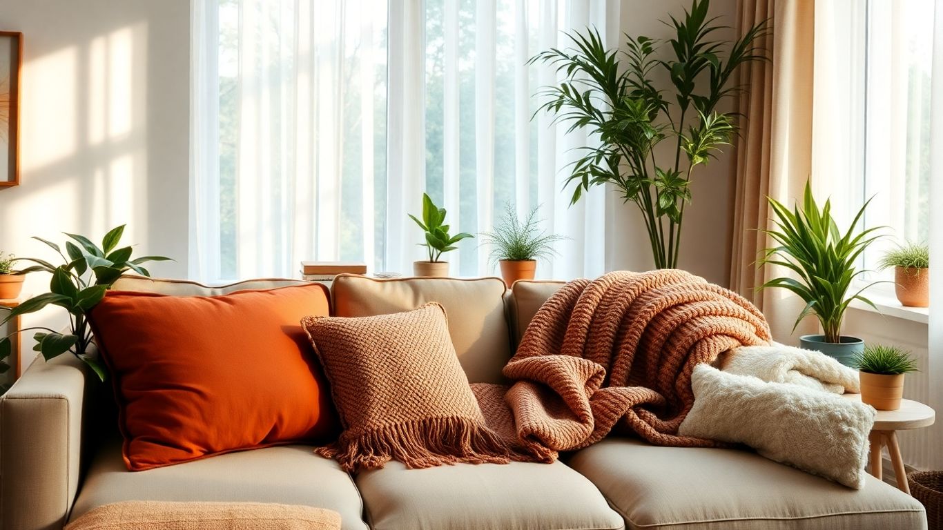 Cozy living room with plants and soft lighting.
