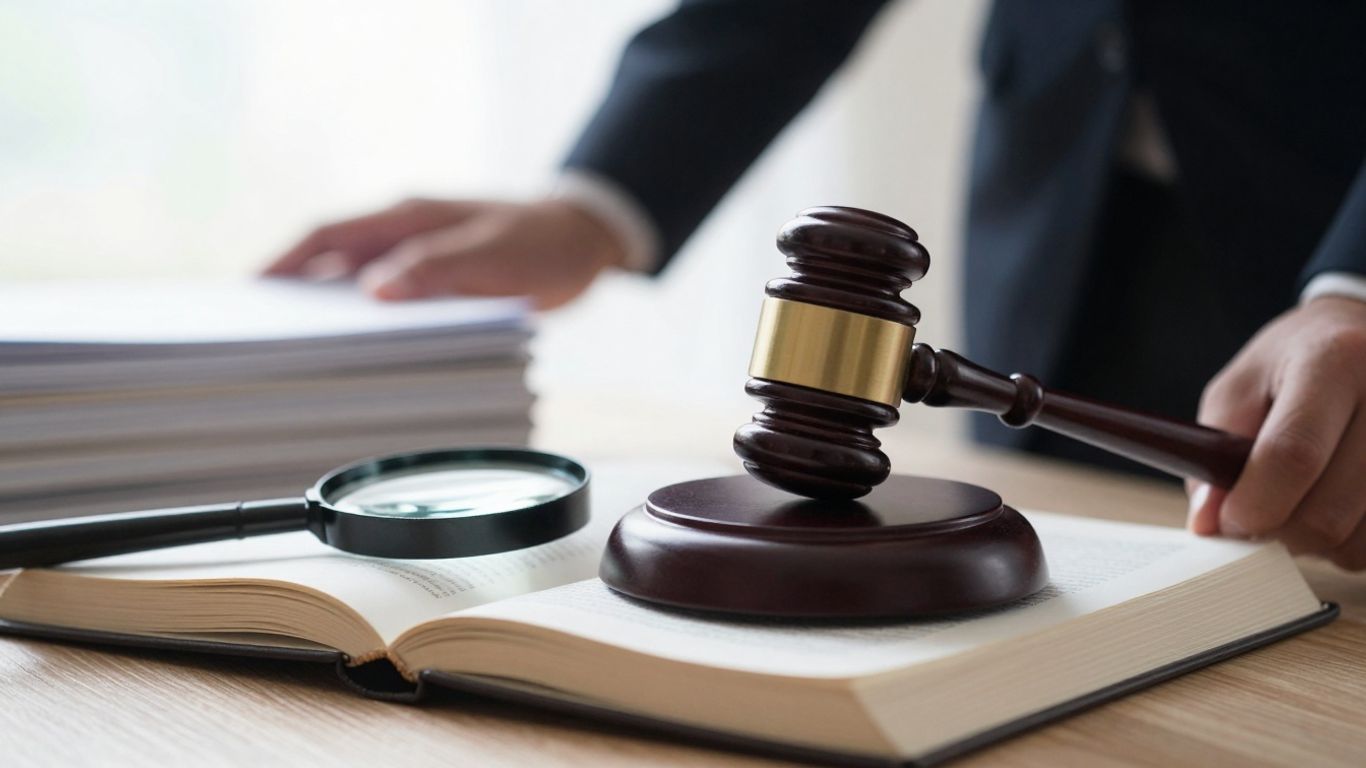 Gavel striking book, magnifying glass over page, person silhouette.