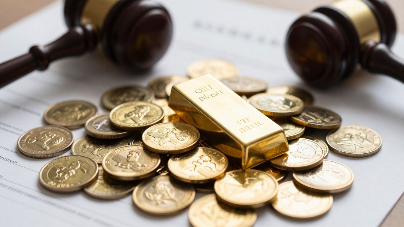桌上放着金币和法律文件。