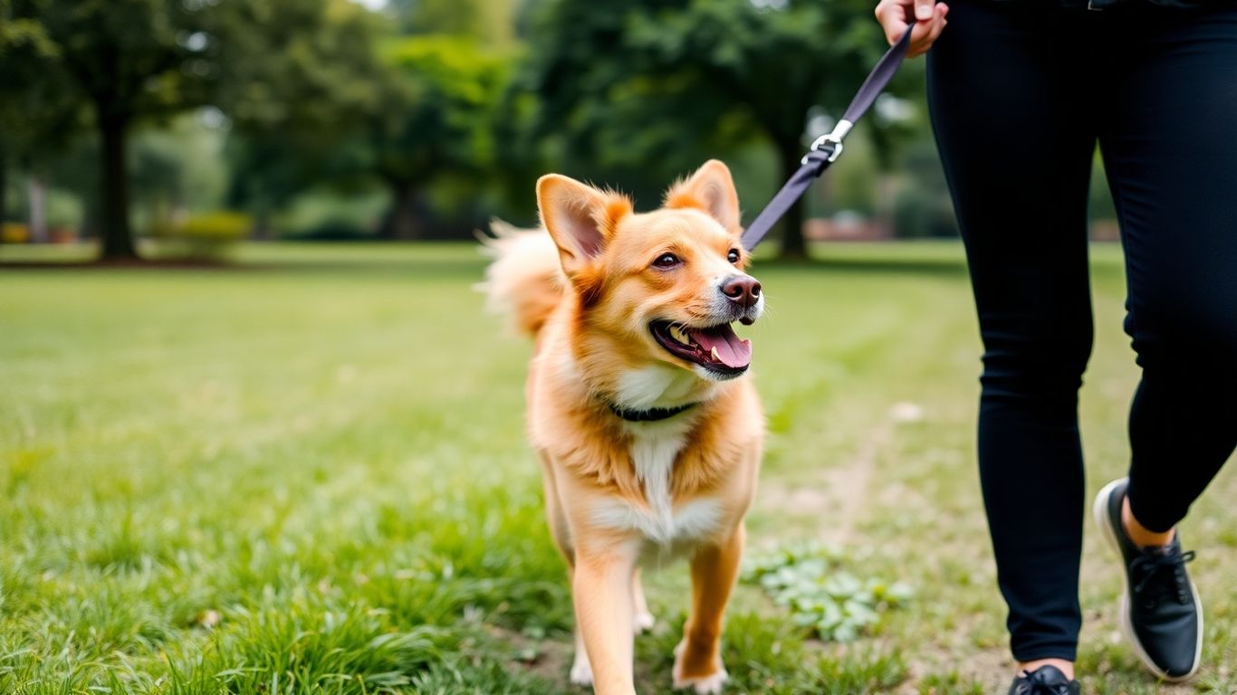 Person and dog walking happily on lead in park