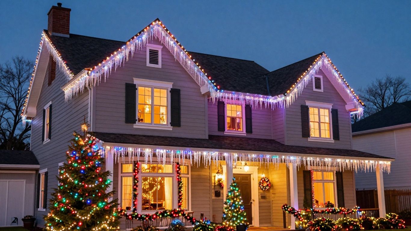 Christmas lights decorating a house in O'Fallon, MO.