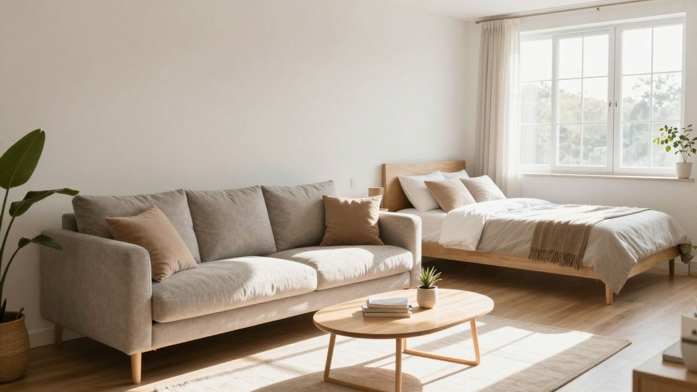 Modern living room with sunlight and comfortable furnishings.