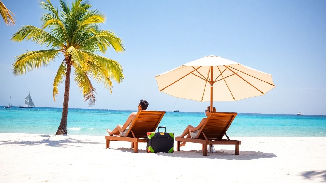 Beach with palm trees and relaxing couple.