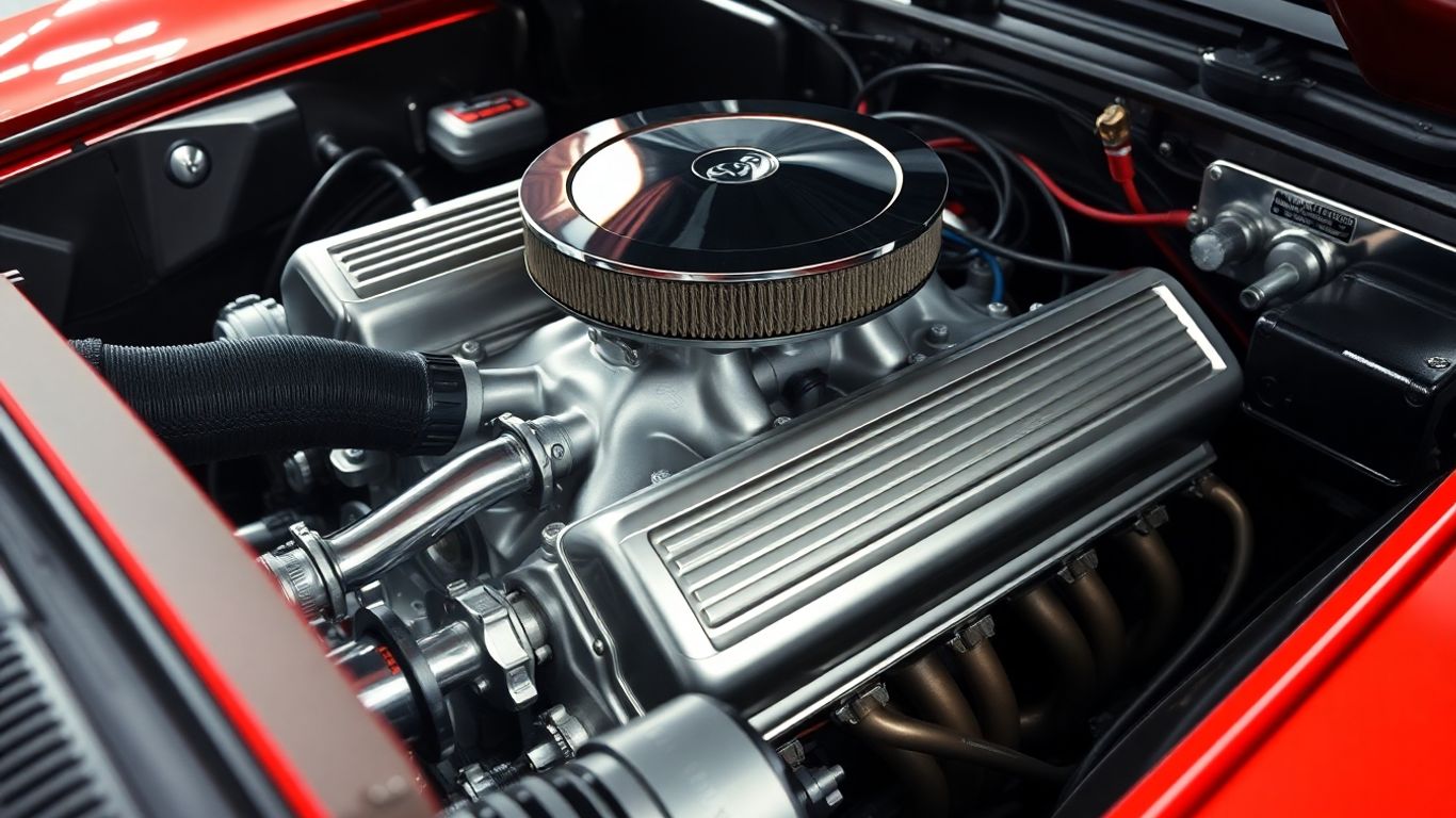 Close-up of a clean, new car engine.