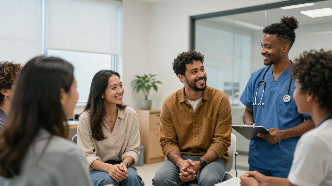 Happy clients and staff in a modern clinic.