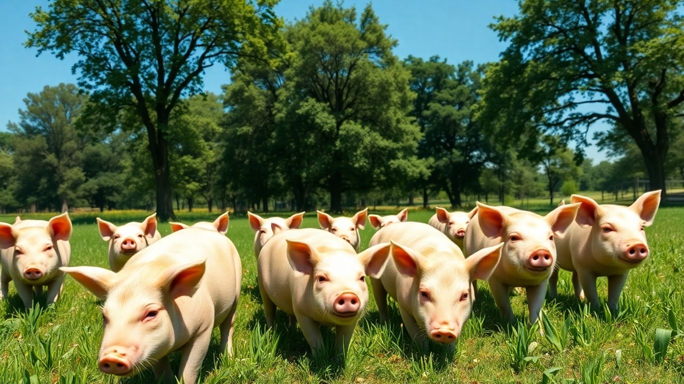 Porcos saudáveis se alimentando ao ar livre em pastagem verde