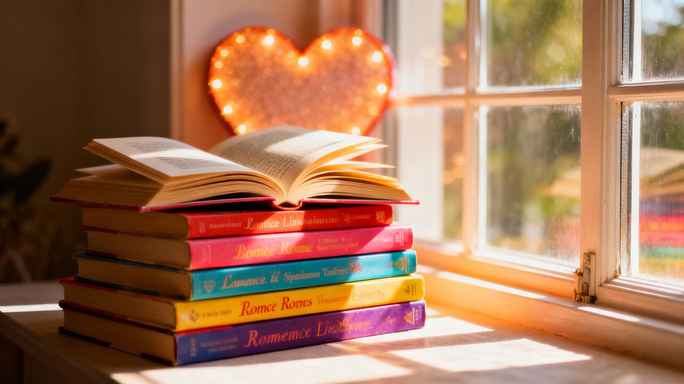 Stack of romance novels with a glowing heart.