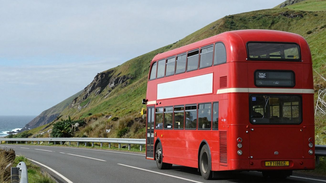 Red double-decker bus on a scenic route.