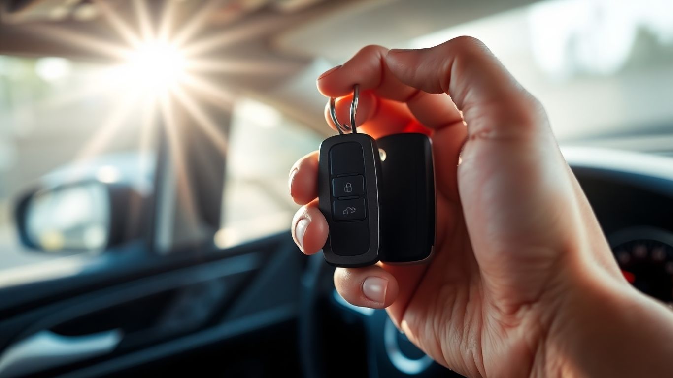 Hand holding car key with car interior background.