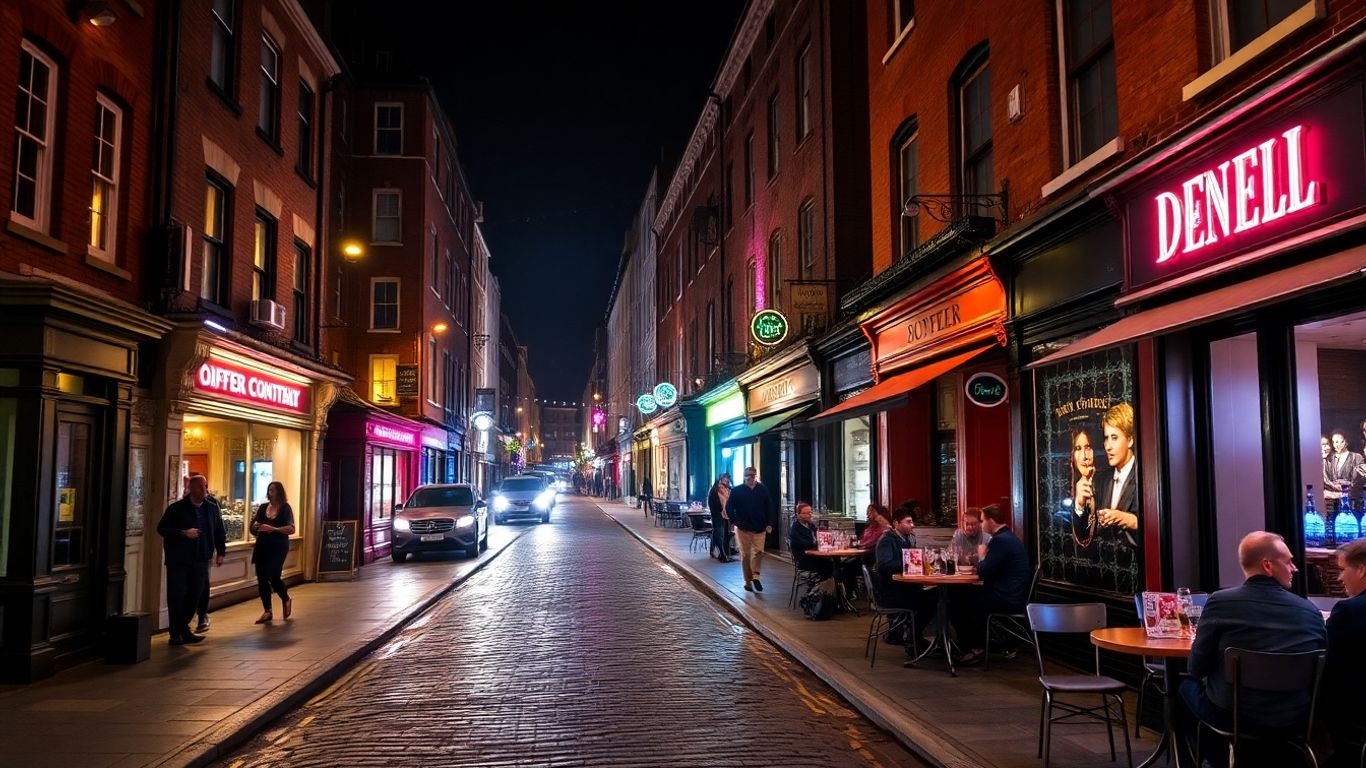 Soho nightlife with people at outdoor bar tables