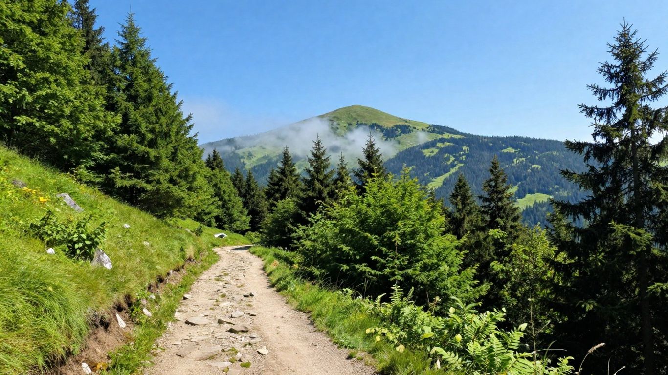 Berglandschaft im Harz mit Wanderweg und Gipfel