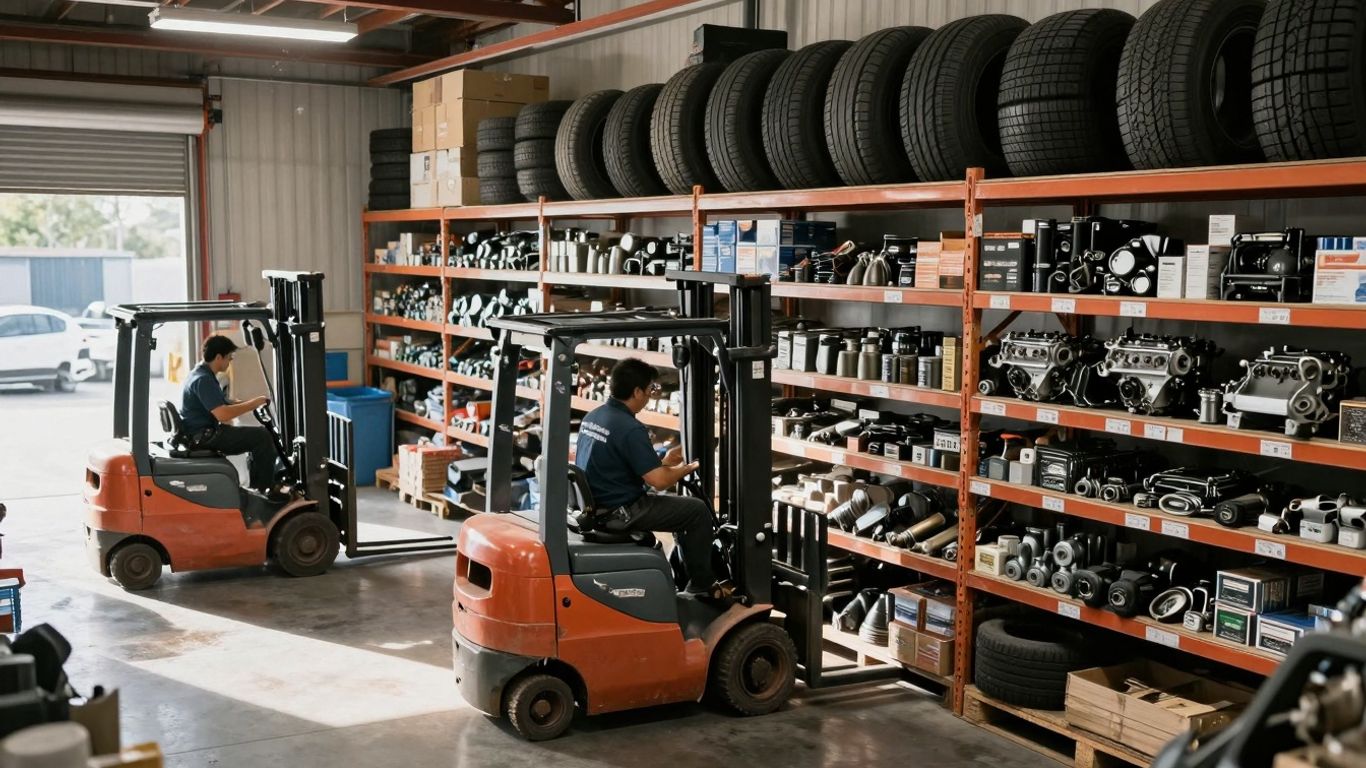 Auto parts warehouse with shelves, forklifts, and workers.