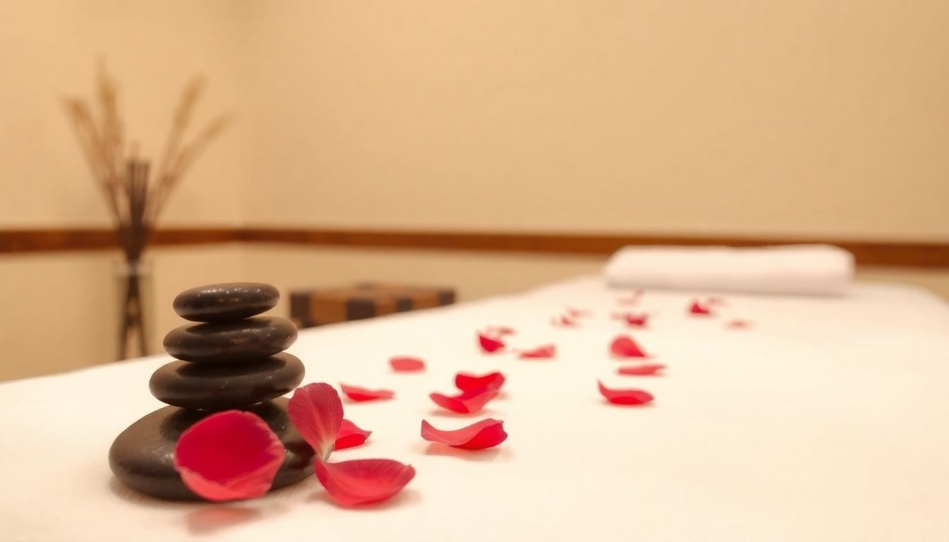 Relaxing massage room with oil and stones.
