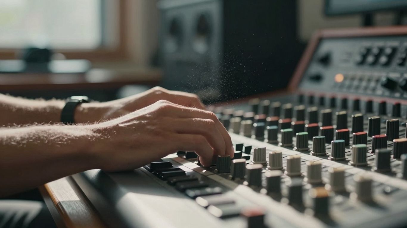 Producer working in a music studio with equipment.