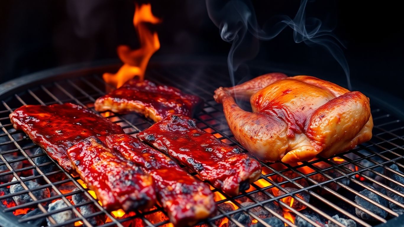 Smoky barbecue pit with ribs and chicken cooking.