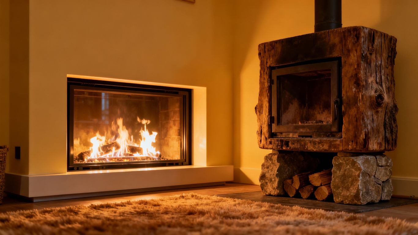 Gas and wood fireplaces in a living room.