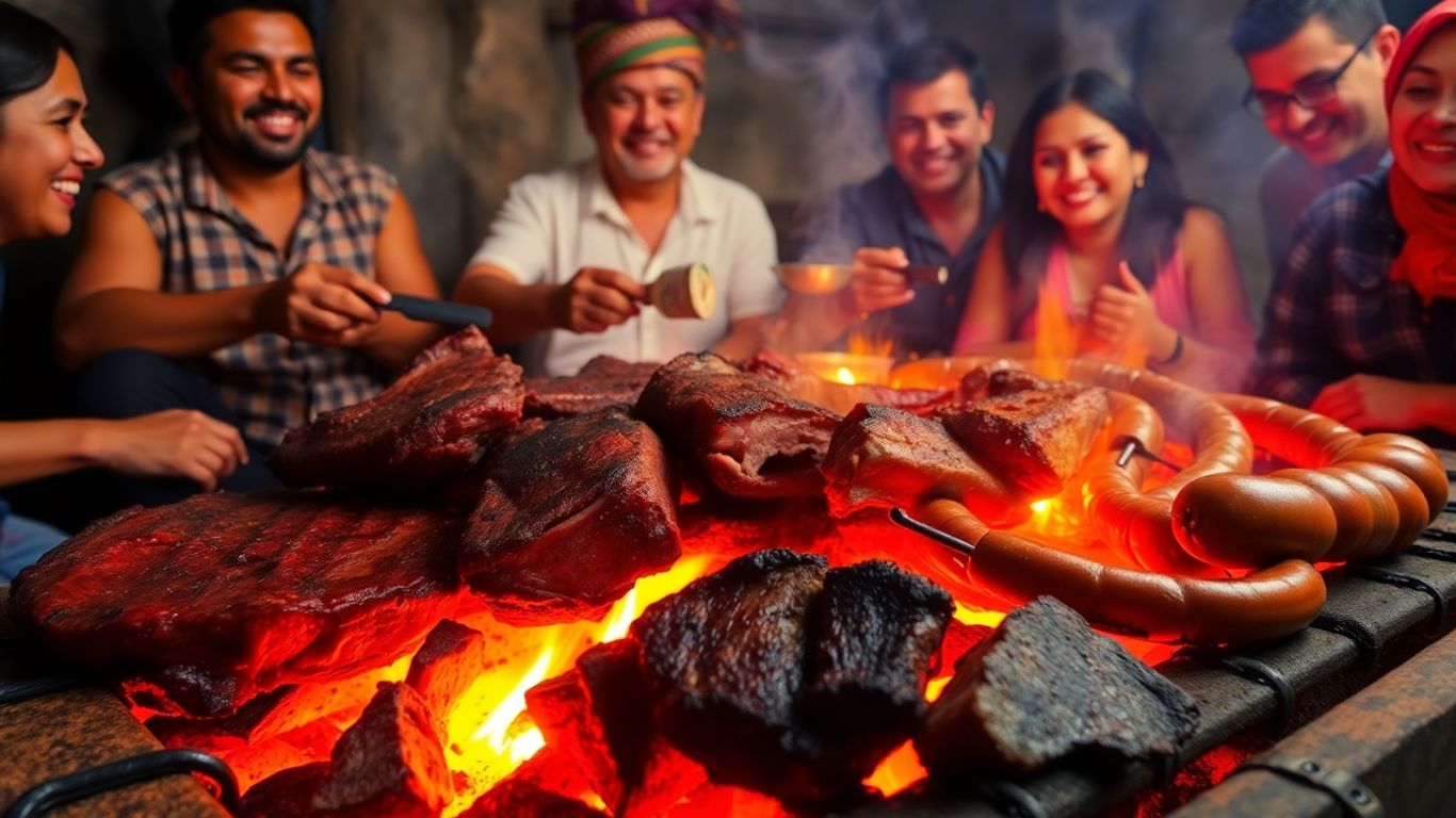 Paraguayan asado with sizzling meat on a grill.