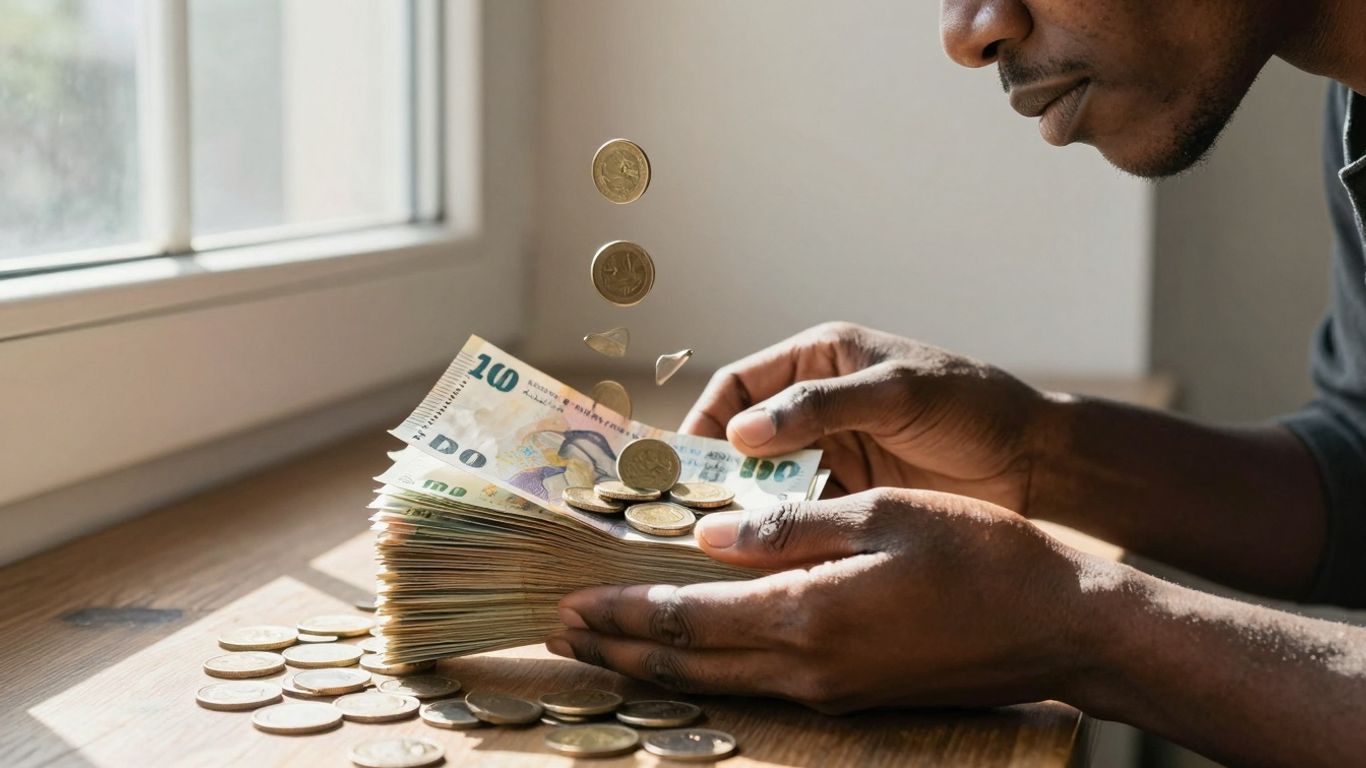 Person contemplating rising money stack, financial growth concept.