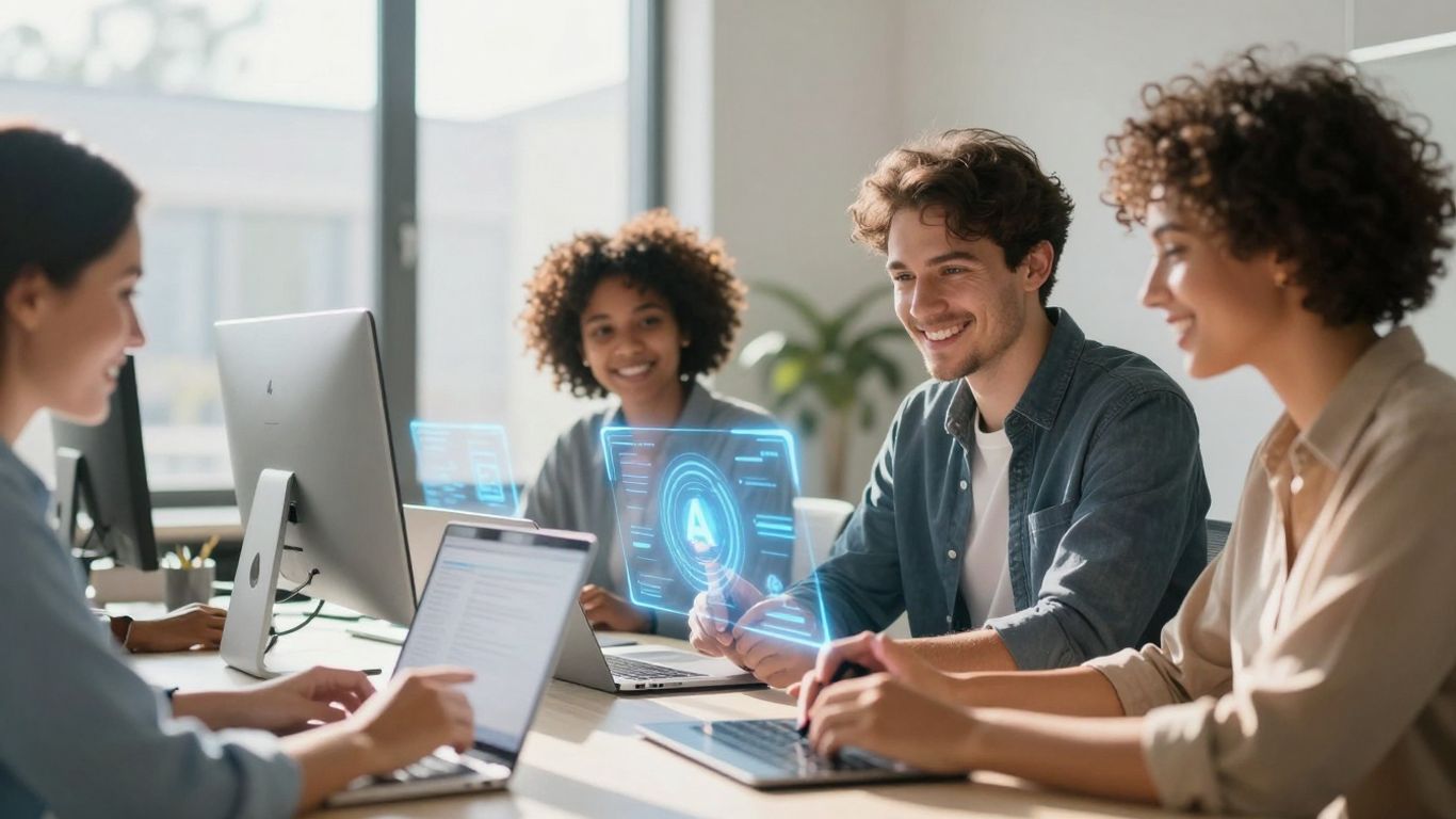 Team using AI in modern office setting.